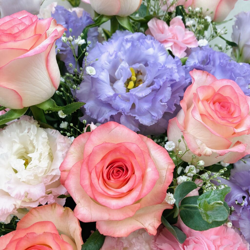 アレンジメント/ピンク紫系/ピンクバラ/バラ/誕生日/送別