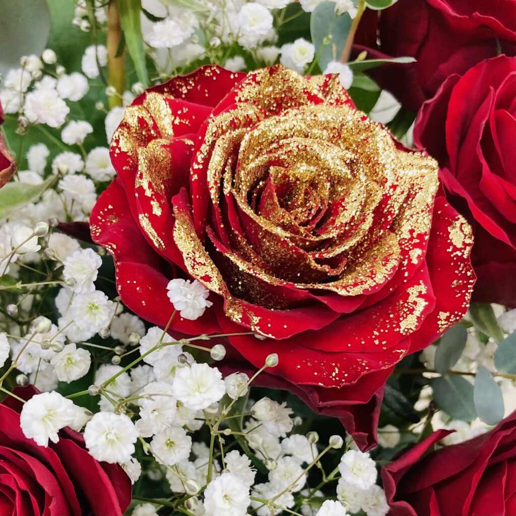 アレンジメント/バラ/赤バラ/ラメ付きのバラ/華やか/バラ10本/誕生日
