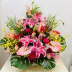 アレンジメント/黄色ピンク系/ユリ/華やか/誕生日/送別